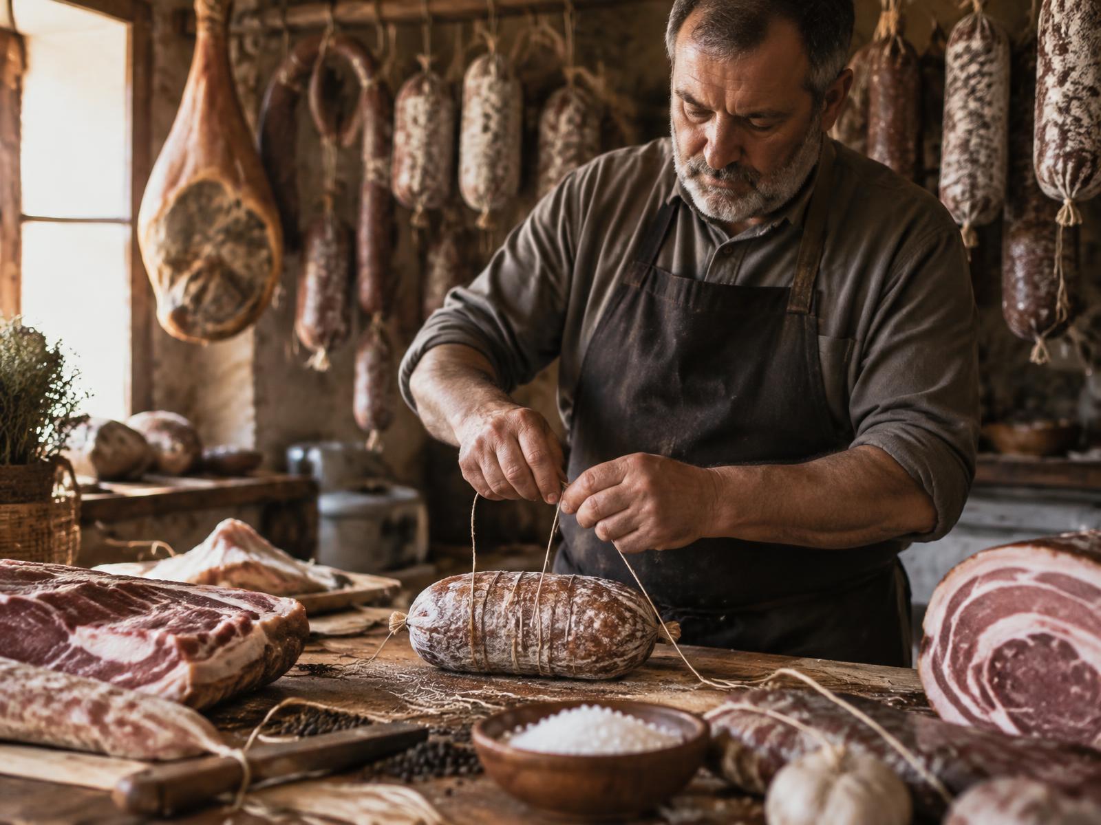 Il maestro salumiere lega un salame nella norcineria Mater Terrae